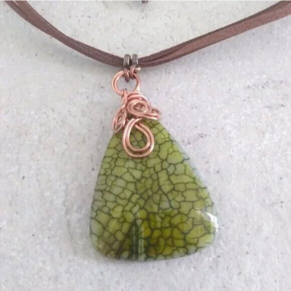 Handmade Copper Wrapped Green Agate Pendant • Vegan Suede • Boho Necklace - Picture 10 of 16